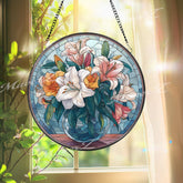 Lily Bouquet Stained Glass Suncatcher, Round Floral Window Panel with Vase, Elegant Glass Art Home Decor and Gift